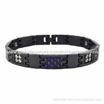 Magnetic Stainless Steel Bracelets with 16pcs of CZ Stones and Plating IP Black, Blue Carbon Fiber